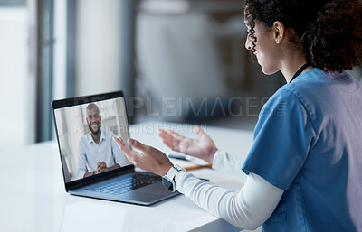 Buy stock photo Video call, laptop and doctor consulting online, virtual healthcare or telehealth service for advice, help and support. Computer screen, medical professional, nurse talking to patient or black people