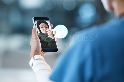 Buy stock photo Doctor hands, video call and telehealth with phone, patient and advice at night in hospital office. Medical expert, smartphone and communication for healthcare, consulting or help woman on web app