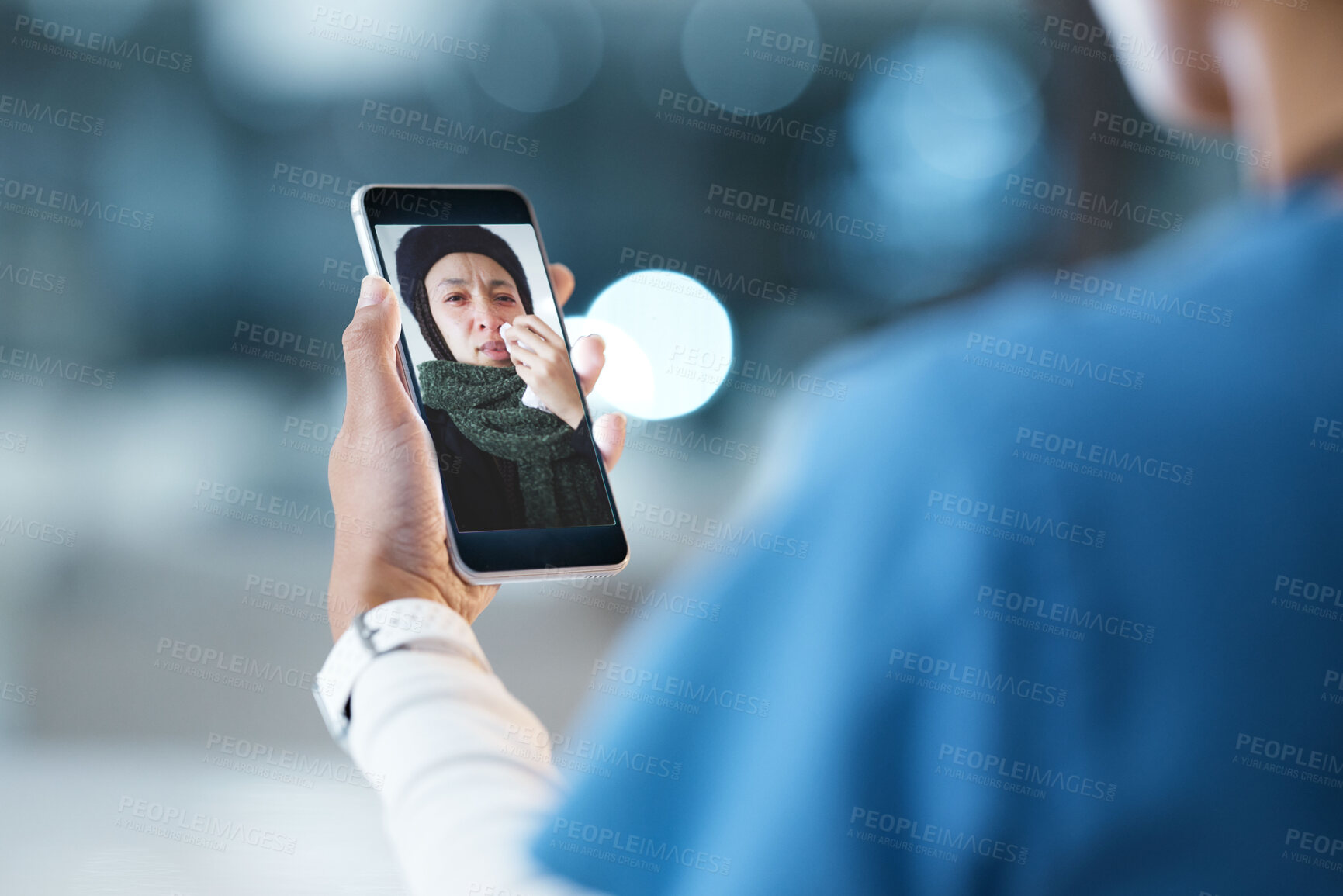 Buy stock photo Doctor hands, video call and telehealth with phone, patient and advice at night in hospital office. Medical expert, smartphone and communication for healthcare, consulting or help woman on web app