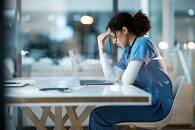 Buy stock photo Nurse, headache stress and black woman in hospital feeling pain, tired or sick on night shift. Healthcare, wellness or female medical physician with depression or burnout while working late on laptop