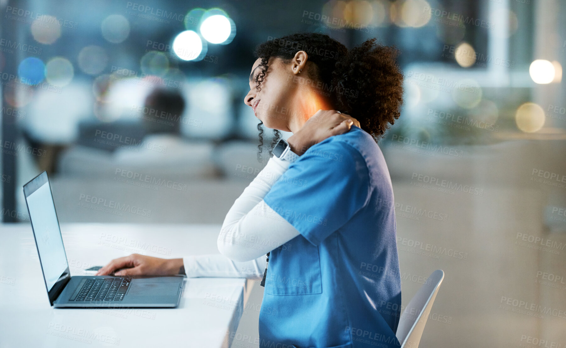 Buy stock photo Doctor, laptop and neck pain at night in stress, overworked or burnout by desk at the hospital. Woman medical professional suffering from painful injury, ache or inflammation working late on computer