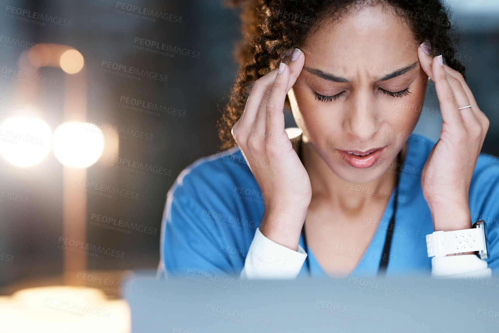 Buy stock photo Night, stress and headache with doctor at laptop for medical, thinking and deadline review. Burnout, accountability and mental health with black woman for healthcare, medicine and science research