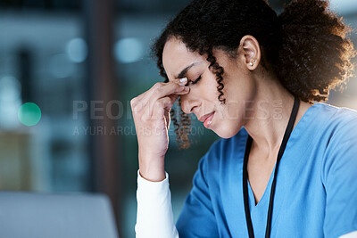 Buy stock photo Night, stress and headache with face of doctor for medical, thinking and deadline review. Burnout, accountability and mental health with black woman for healthcare, medicine and science research