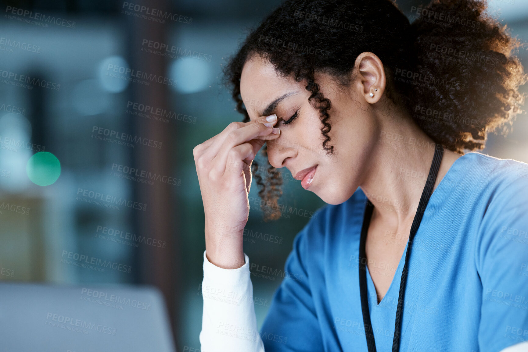 Buy stock photo Night, stress and headache with face of doctor for medical, thinking and deadline review. Burnout, accountability and mental health with black woman for healthcare, medicine and science research