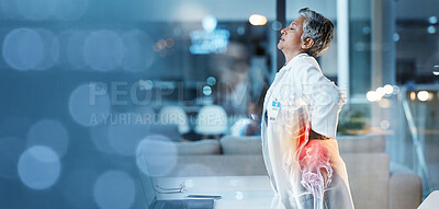 Buy stock photo Elderly woman, doctor with back pain, spine injury with anatomy red overlay, burnout and fatigue with emergency. Health, hospital and bokeh with muscle inflammation and medical mockup with rheumatism