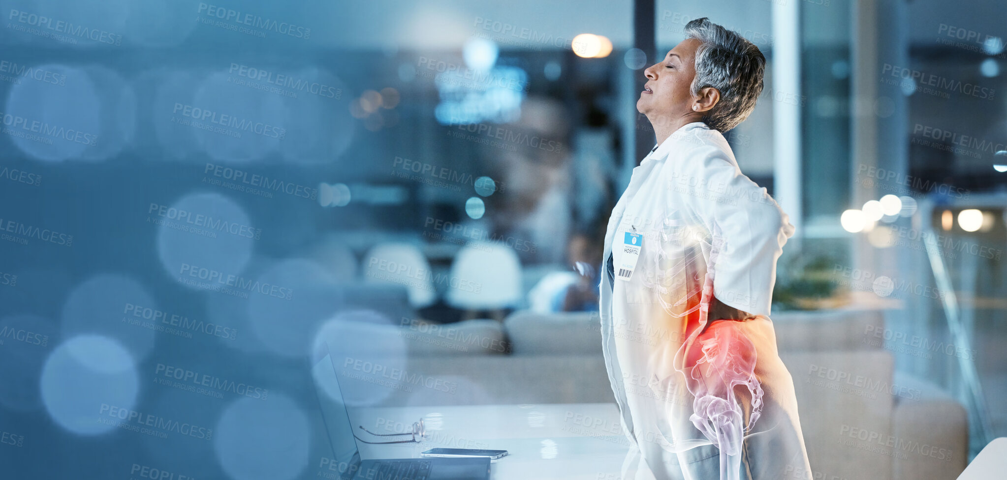 Buy stock photo Elderly woman, doctor with back pain, spine injury with anatomy red overlay, burnout and fatigue with emergency. Health, hospital and bokeh with muscle inflammation and medical mockup with rheumatism