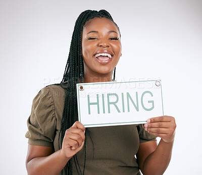 Buy stock photo Creative business woman, hiring sign and advertisement for recruiting isolated on gray studio background. Portrait of happy African American female manager with board for recruitment, hire or startup