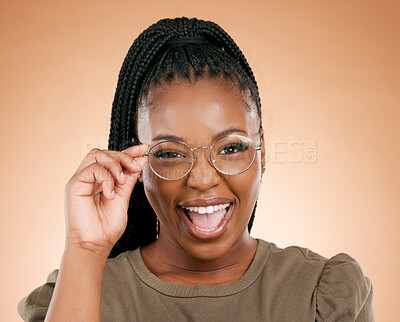 Buy stock photo Black woman, portrait and glasses with frames for fashion, style or smart casual against studio background. Happy African American female face with smile for eyewear, spectacles and sight or vision