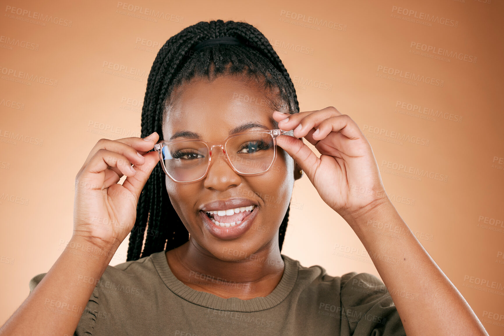 Buy stock photo Black woman, portrait smile and glasses for fashion, style or smart casual against a studio background. Happy African American female model face smiling for eyewear, spectacles and sight or vision
