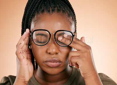 Buy stock photo Black woman with glasses, tired and rubbing eyes, burnout and stress isolated on studio background. Vision, eye sight and overworked or exhausted person with spectacles, hands on face from allergy.