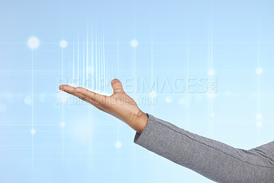 Buy stock photo Hands, digital transformation and virtual reality for future, cybersecurity or fintech against a blue studio background. Hand of person with futuristic technology, metaverse or platform on overlay