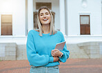 Woman laugh, student tablet and portrait of young female by education, learning and university building. Online, happy and college app of a person with smile ready for school with blurred background