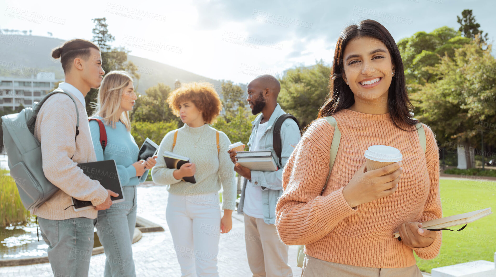 Buy stock photo Campus, university and student portrait with study group, learning community and happy education goals. Young gen z person, woman or youth with smile for scholarship, teamwork and schedule planning