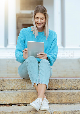 Buy stock photo Woman, student and smile with tablet on stairs for social media, browsing or research relaxing at the campus. Happy female learner smiling for streaming entertainment or 5G connection on touchscreen