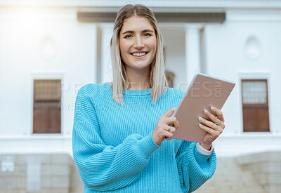 Buy stock photo Woman student, tablet and portrait of a young person by education, learning and university building. Online, happy and college app of a female with a smile ready for school with blurred background
