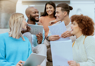 Buy stock photo Tablet, university and students group studying, teamwork and planning schedule, project ideas or collaboration. Happy black people, diversity youth or friends on college campus for online education