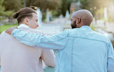 Buy stock photo Hug, outdoor stairs and couple of friends together with happy conversation in a park. People back, smile and happiness of students talking on garden steps in summer with social communication