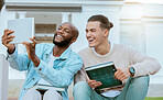 Students, men and tablet for selfie, outdoor and happiness with higher education, share photos and relax. Males, guys and academics on break, knowledge and college campus with device and technology