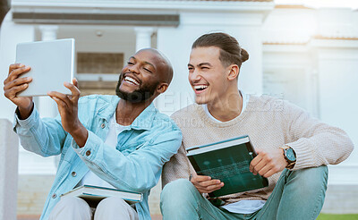 Buy stock photo Students, men and tablet for selfie, outdoor and happiness with higher education, share photos and relax. Males, guys and academics on break, knowledge and college campus with device and technology