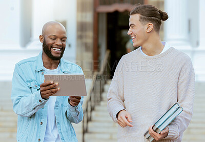 Buy stock photo College student, tablet and friends with funny meme at campus, happy chat and blog on internet. Black man, students and mobile touchscreen tech at university with social media app, comic talk or joke