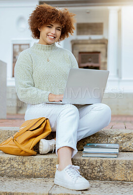 Buy stock photo Laptop, university and portrait of a woman in the city sitting on the stairs studying for test or exam. Education, happy and female college student from Brazil working on academic project on computer