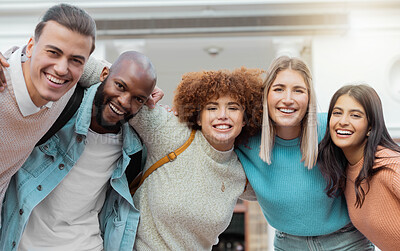 Buy stock photo Student, friends and hug portrait of people with diversity, happiness and university support. Students community, smile and happy college group outdoor ready for learning and teamwork with motivation