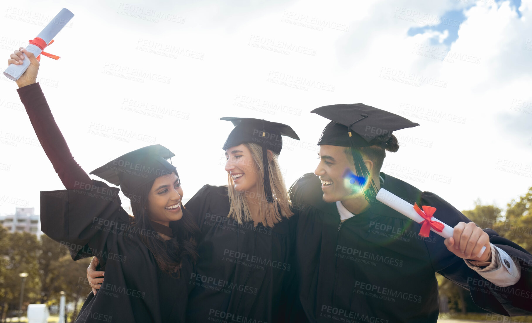 Buy stock photo Graduation, friends and celebration with certificate, diploma and education success at outdoor college event. Happy people, graduate group and smile of university goals, award and motivation to study