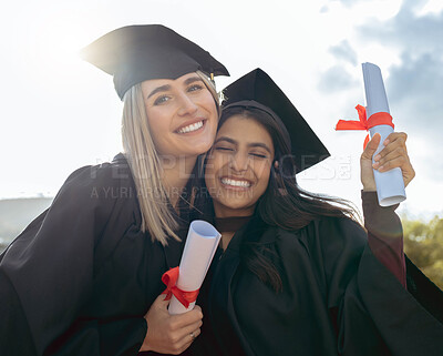 Buy stock photo Scholarship scroll, friends and graduation certificate portrait of women together at celebration. Diploma success, happiness and excited students with school, education and university achievement 