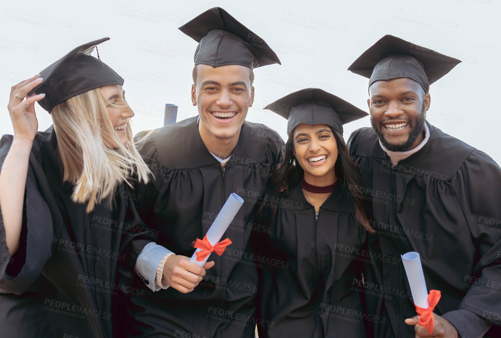Buy stock photo Graduation, university and portrait of students with success, education and achievement in college. School, graduate and group of friends in celebration with certificate, diploma and academic award