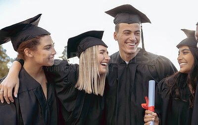 Buy stock photo Graduation, friends and diversity of students hug to celebrate success, college event and smile. Happy group, graduates and celebration of university goals, learning award and motivation of happiness