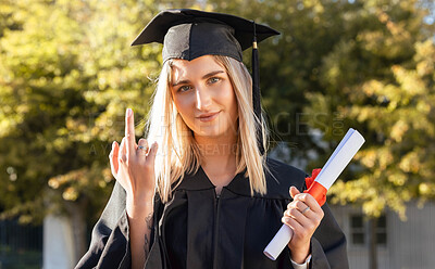 Buy stock photo University student woman, middle finger and holding certificate in portrait, hand sign and success. Gen z girl, graduate celebration and education with smile, happiness or diploma for degree