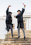Graduation celebration, friends portrait and certificate of students on university steps jumping. Wow, diversity and motivation of college graduate at student building happy about school achievement