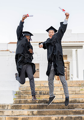 Buy stock photo Graduation celebration, friends portrait and certificate of students on university steps jumping. Wow, diversity and motivation of college graduate at student building happy about school achievement