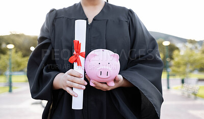 Buy stock photo Piggy bank, saving and university diploma in hands of woman graduate with education scroll. Study paper, scholarship and college trust fund of a woman hand at college event with money for future