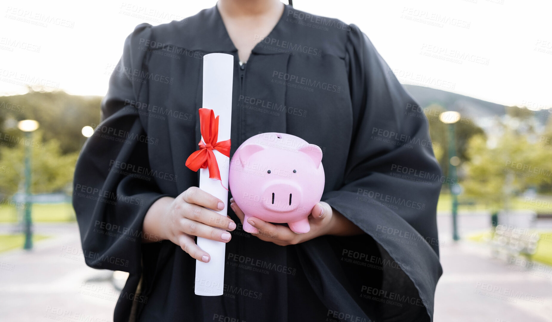Buy stock photo Piggy bank, saving and university diploma in hands of woman graduate with education scroll. Study paper, scholarship and college trust fund of a woman hand at college event with money for future