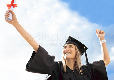 Buy stock photo Happy graduation, diploma and woman on sky background for success, celebration and scholarship. Happy graduate, education certificate and excited for university goals, award and motivation for future