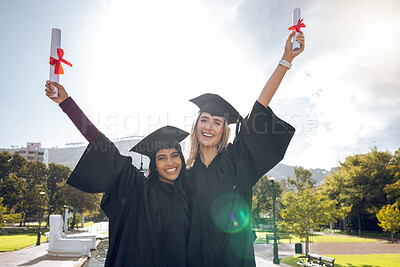 Buy stock photo Graduation, celebration and portrait of women, friends and scholarship success. Happy students, graduate certificate and study goals with award, smile and motivation of education, winner and learning