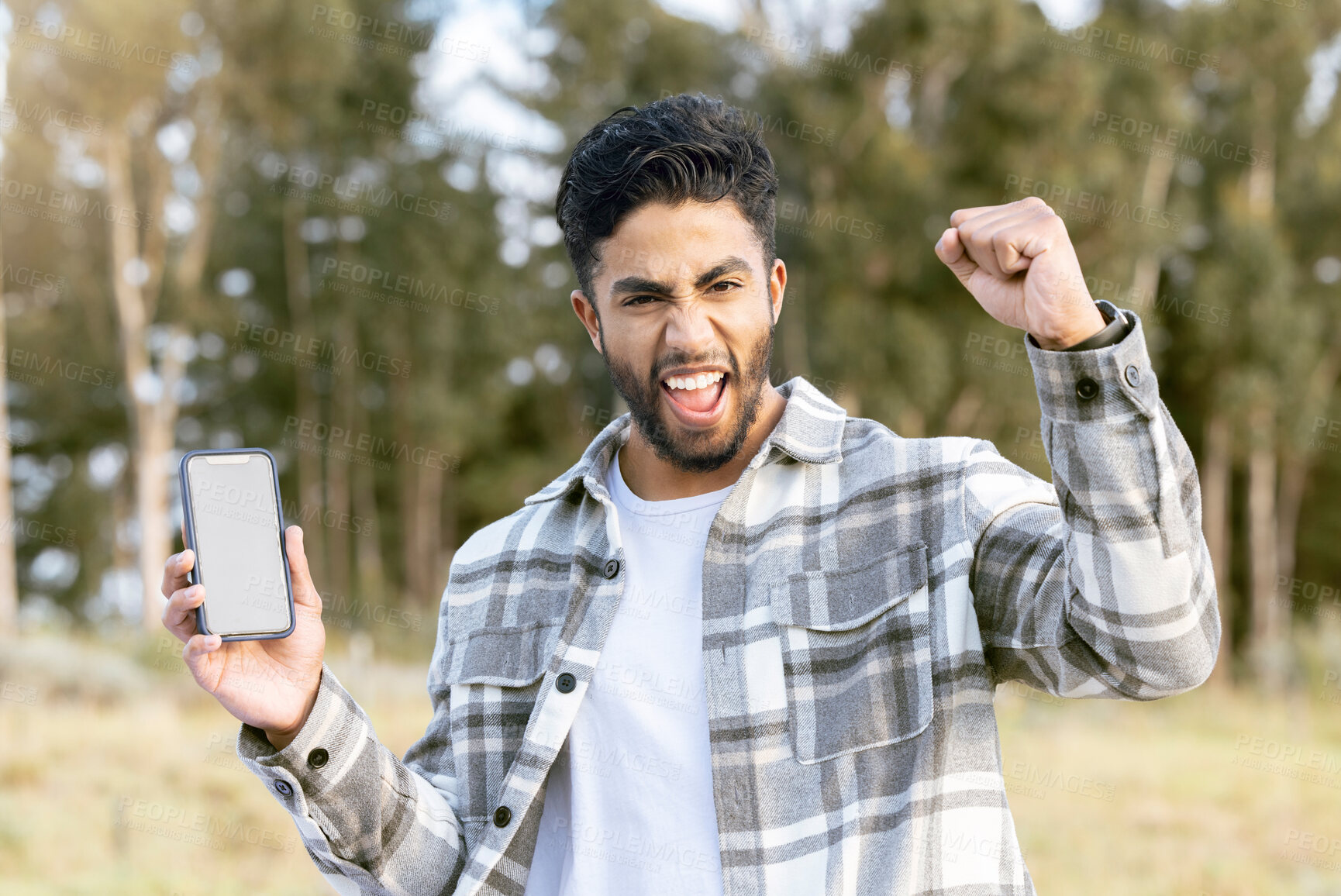 Buy stock photo Phone mockup, portrait and man excited for nature adventure, forest hiking or celebrate outdoor woods journey. UI screen mock up, digital product placement and happy person cheer, fist pump and shout