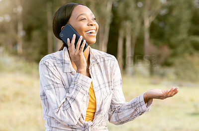 Buy stock photo Black woman, nature woods and happy phone call with question, comic laugh and smile on grass in summer. Adventure, crazy smartphone conversation or funny talk for girl in sunshine, forest and outdoor