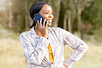 Black woman, forest and phone call for talking, thinking and smile on grass in summer sunshine. Adventure holiday, comic smartphone conversation or funny talk for girl for networking, woods and joke