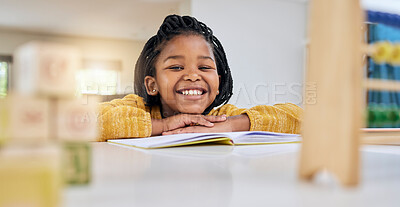 Buy stock photo Education, child and girl writing at table for homework, lesson and home school activity in her house. Learning, student and child development, student and distance learning, smile and happy drawing