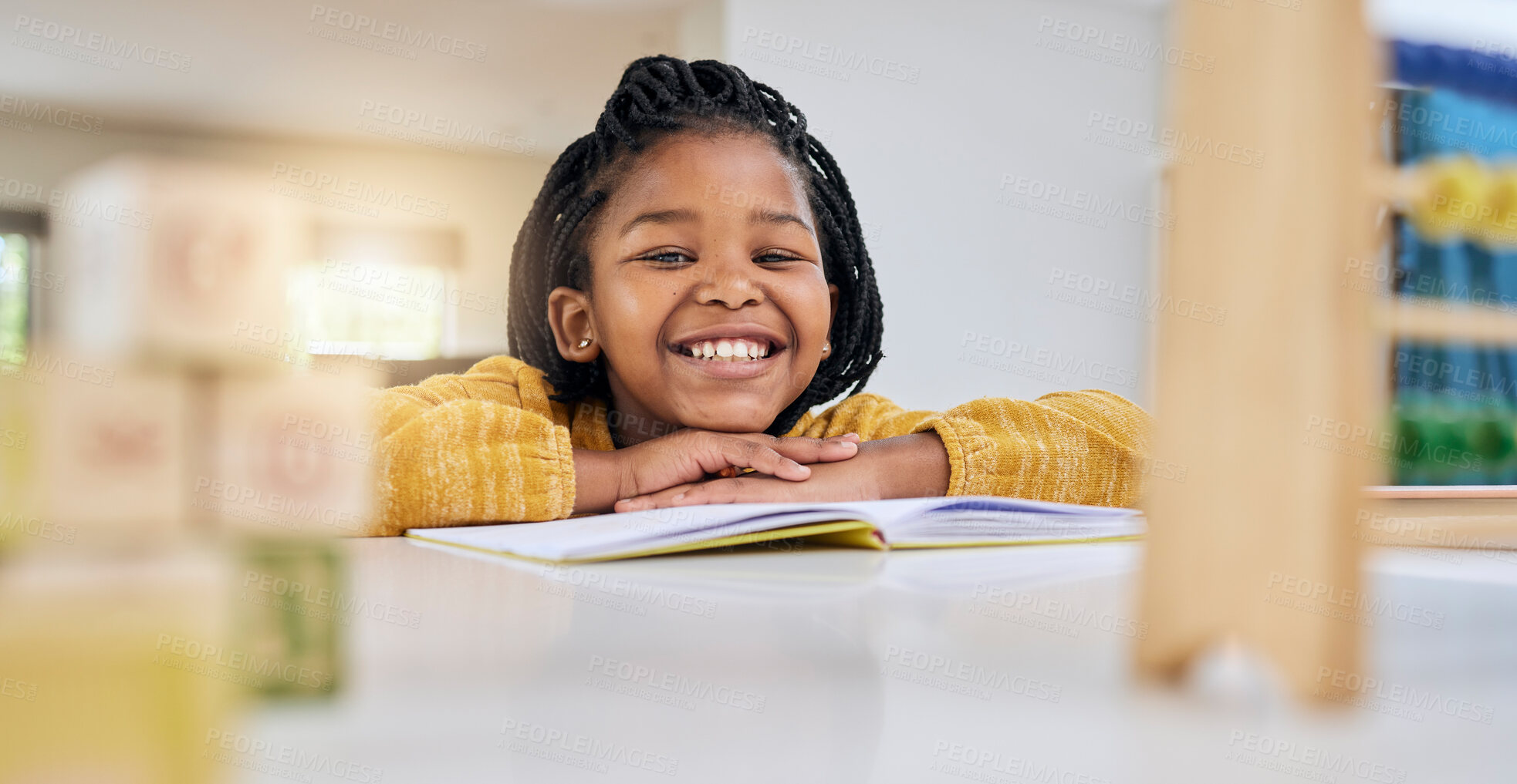 Buy stock photo Education, child and girl writing at table for homework, lesson and home school activity in her house. Learning, student and child development, student and distance learning, smile and happy drawing