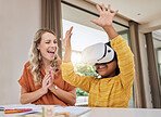 Mother, virtual glasses and black girl, learning and homework for education, futuristic and growth. Vr, future and mama with daughter, kid and homework for child development, technology and 