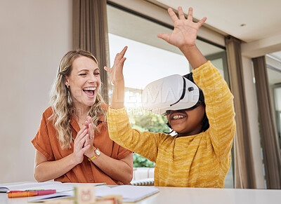 Buy stock photo Mother, virtual glasses and black girl, learning and homework for education, futuristic and growth. Vr, future and mama with daughter, kid and homework for child development, technology and 