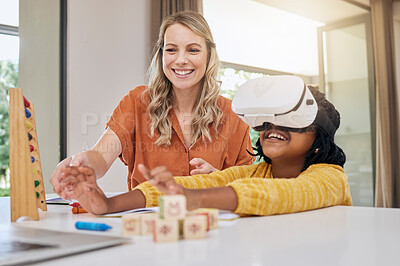 Buy stock photo VR, education and mother with child for teaching, metaverse studying and 3d homework. Creative, innovation and interracial mother helping an African girl with technology for knowledge together