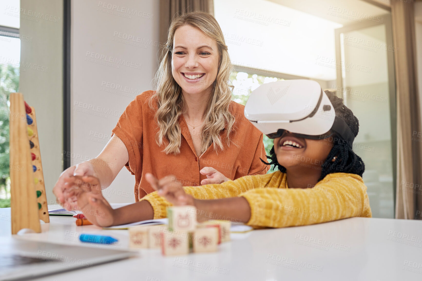 Buy stock photo VR, education and mother with child for teaching, metaverse studying and 3d homework. Creative, innovation and interracial mother helping an African girl with technology for knowledge together