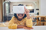 African girl child, vr education and house with 3d overlay, hand and futuristic ux for homework, study and happy. Young female, school student and ar ui for learning, development and smile at table