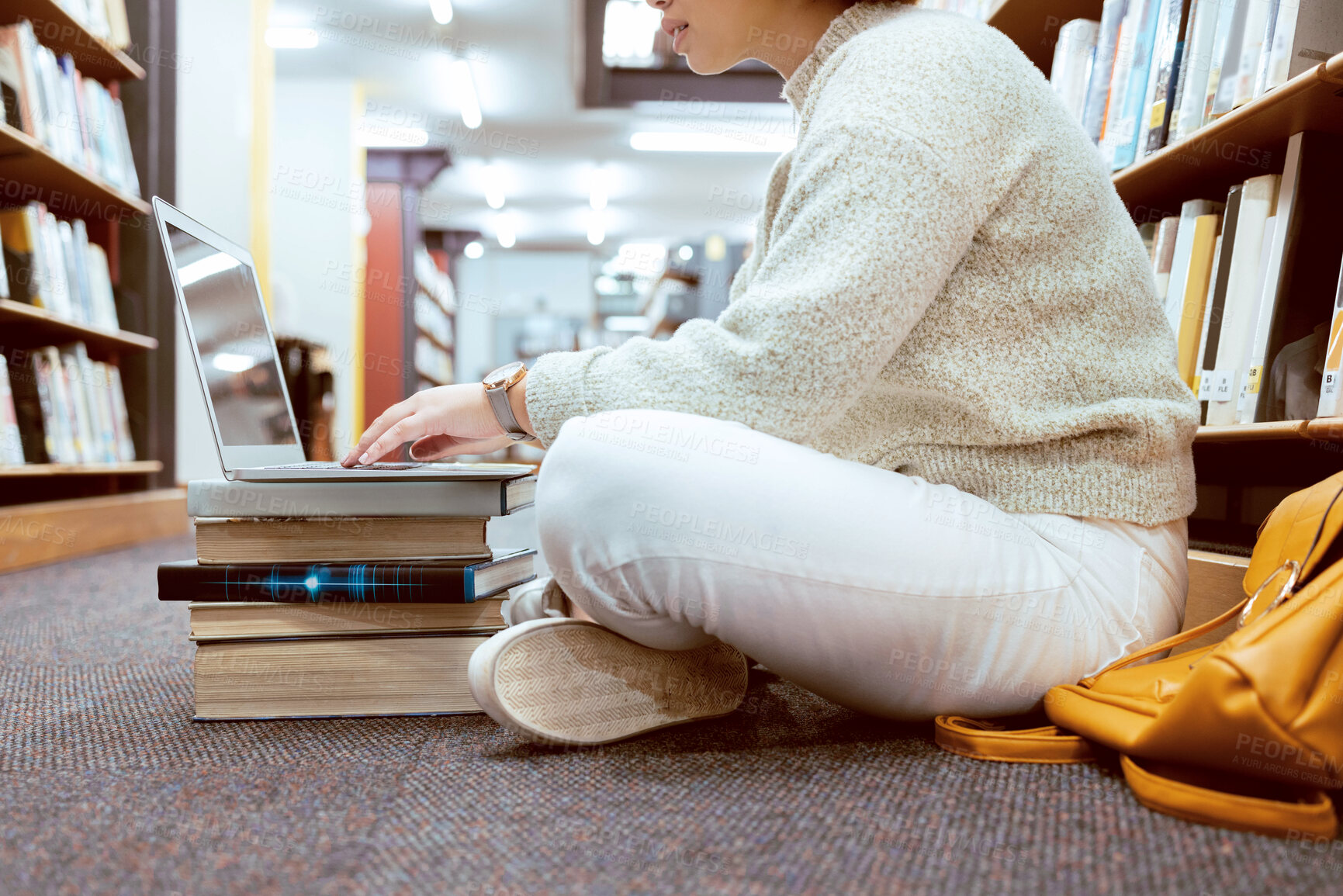 Buy stock photo Books, laptop or student typing on library floor for research, knowledge or development for future growth. Online project, university or school girl studying or learning college information on campus