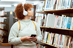 Books, phone or student in a library to search for knowledge or university education for future growth. Scholarship, radio music or school girl in headphones studying or learning college information 