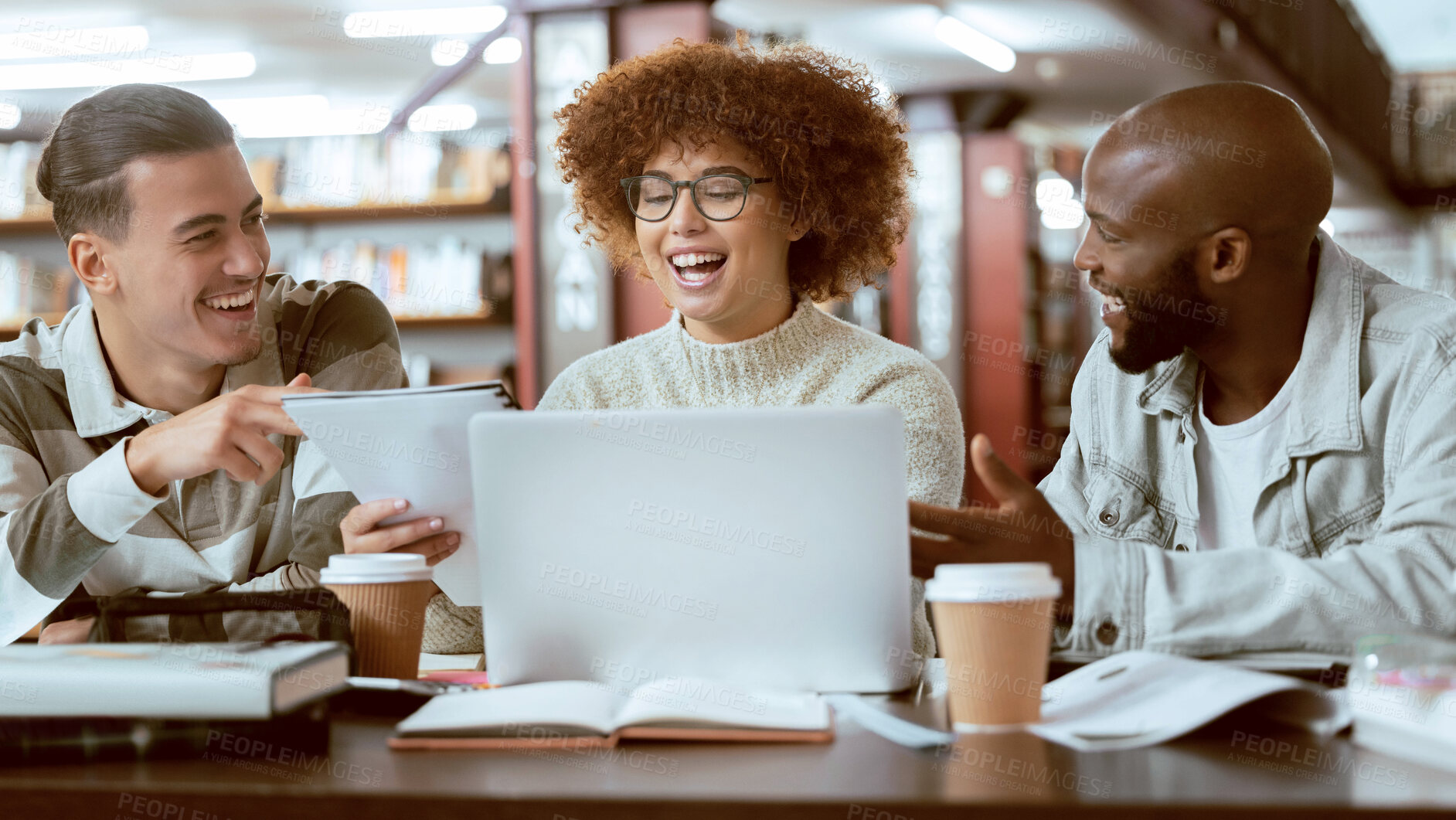 Buy stock photo Teamwork, education or students with laptop in library for research, collaboration or project management. Group, happy or university people with tech for learning, scholarship study or web search